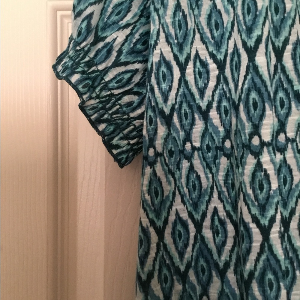 Faded Glory Geometrical Print Blouse Medium Teal Ruffle Short Sleeve Tassels - Picture 3 of 5